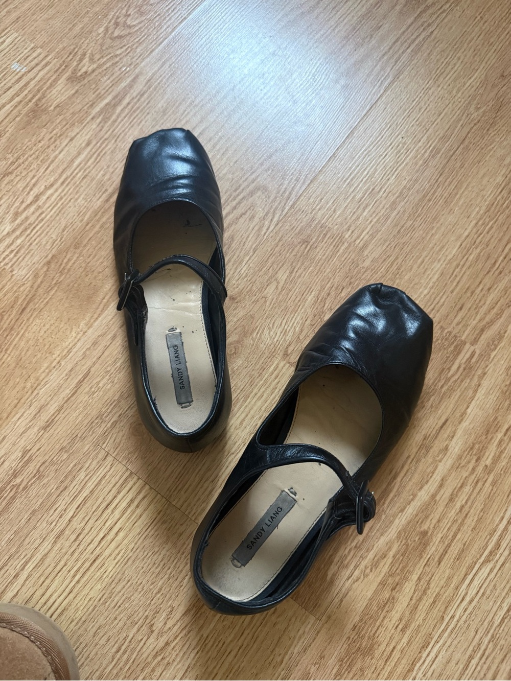 Sandy Liang Black Leather Square-Toe Mary Jane Flats with Buckle Strap